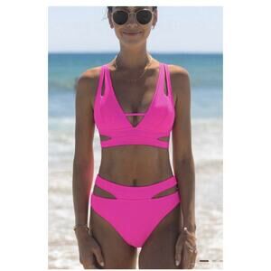 NWT Two Piece Hot Pink Popvil Cut Out Swimsuit Bikini Mid Waist Size Small